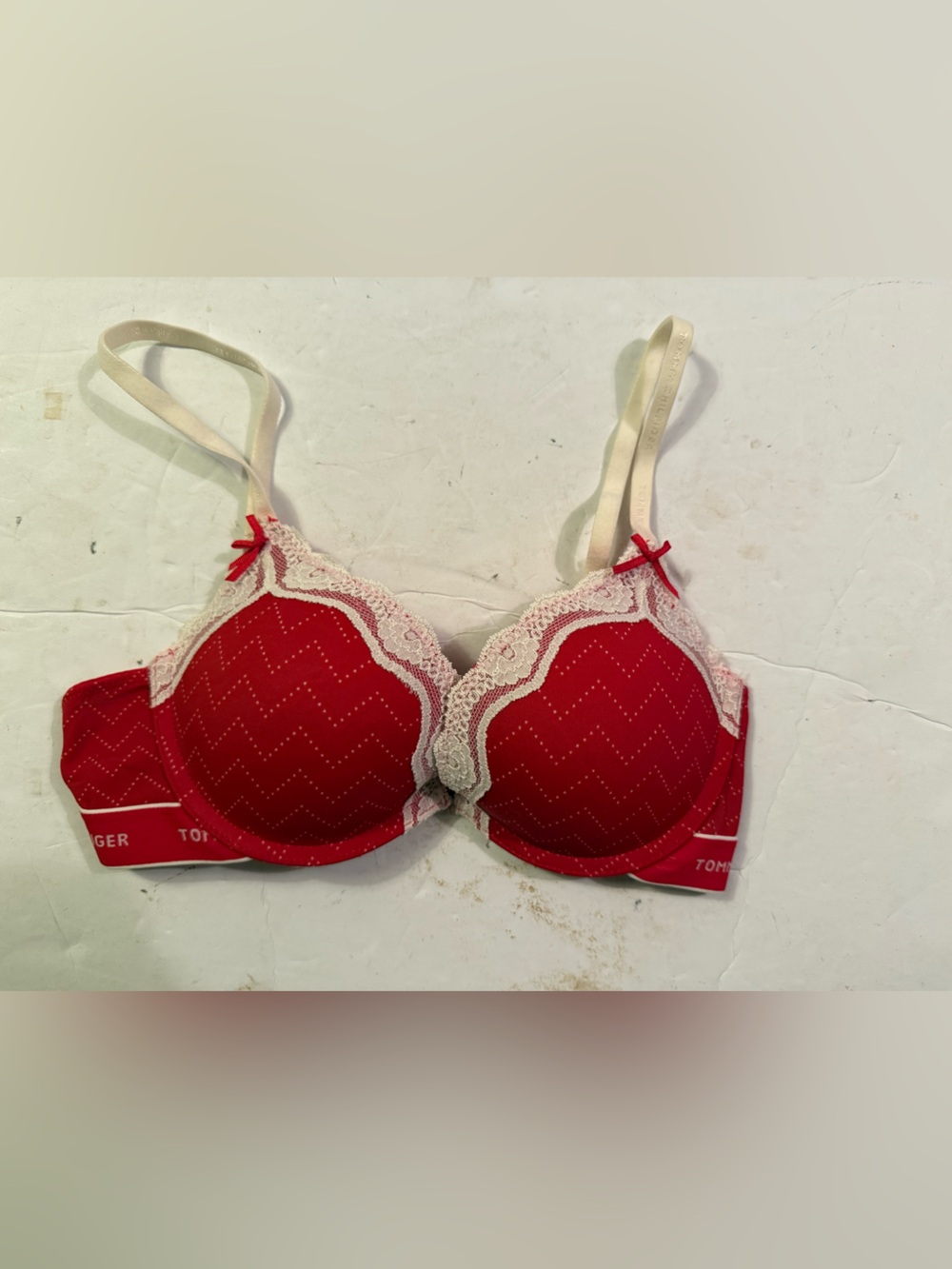 Tommy Hilfiger Red Bra with Cream Lace Trim